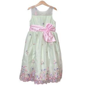 Jona Michelle Girls Dress Size 6 Spring Pastel Green Pink Floral Embroidered